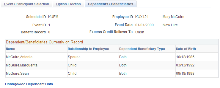 Dependents/Beneficiaries page