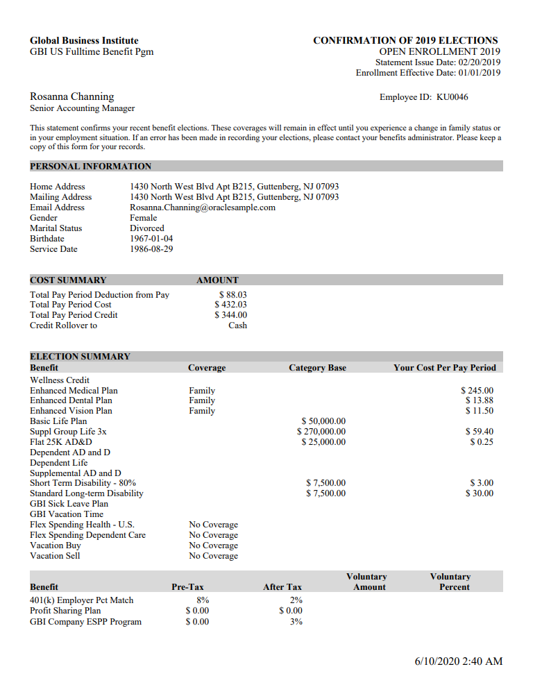 Benefits Statement Print view of the Confirmation statement