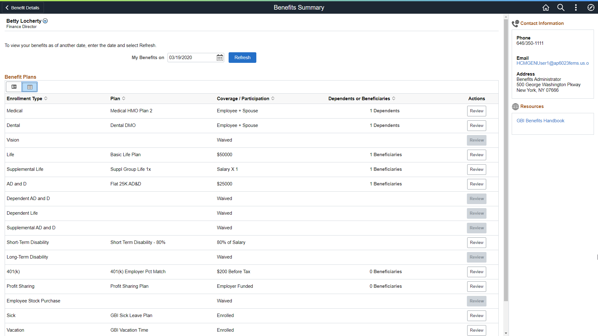 Benefits Summary page - grid view