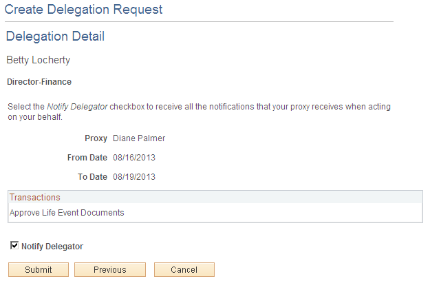 Create Delegation Request - Delegation Detail page