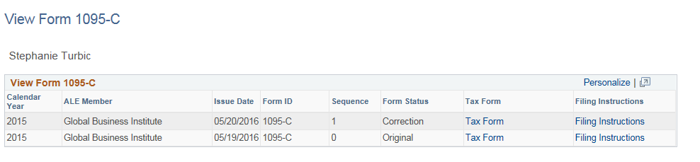 Self Service - View Form 1095-C page