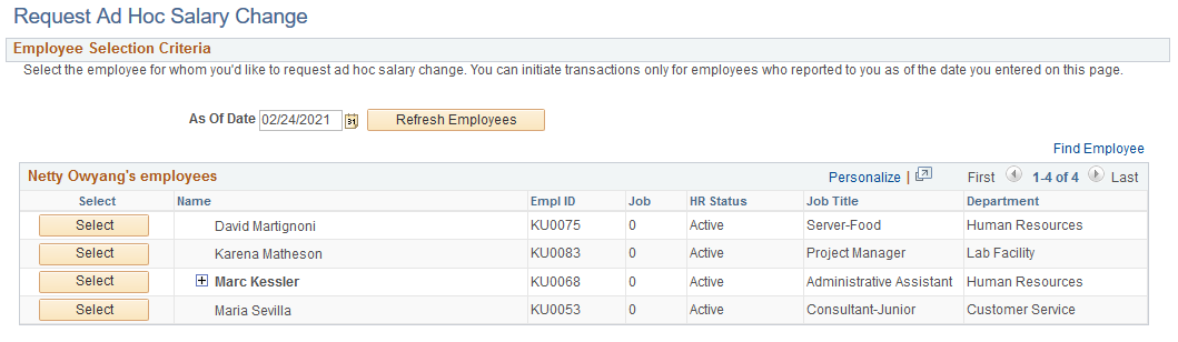 Request Ad Hoc Salary Change - Employee Selection Criteria page