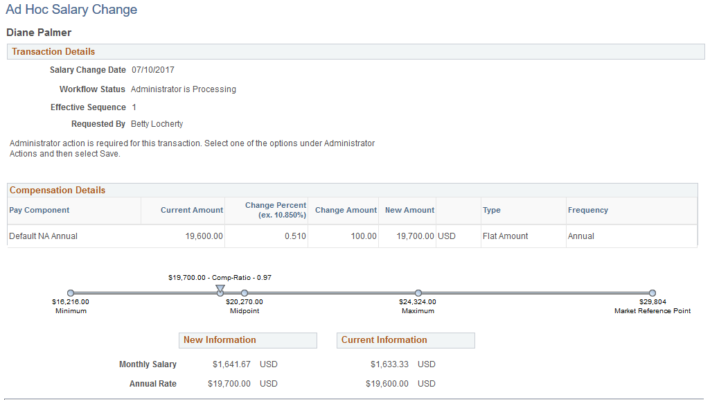 Ad Hoc Salary Change - Administer Request page (1 of 2)