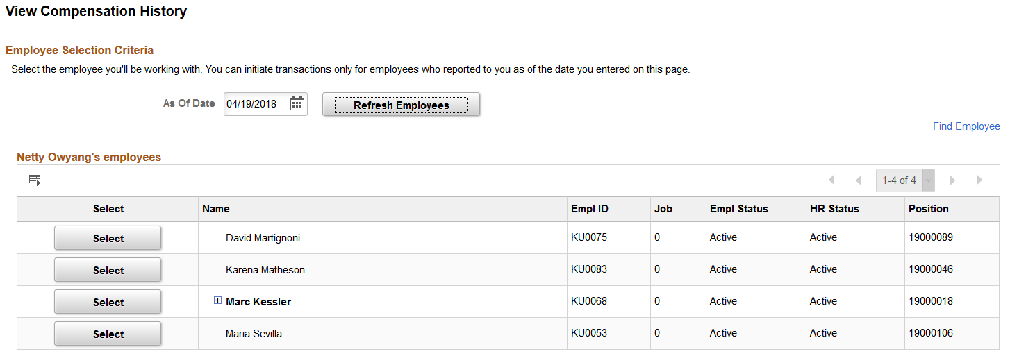 View Compensation History - Employee Selection Criteria page