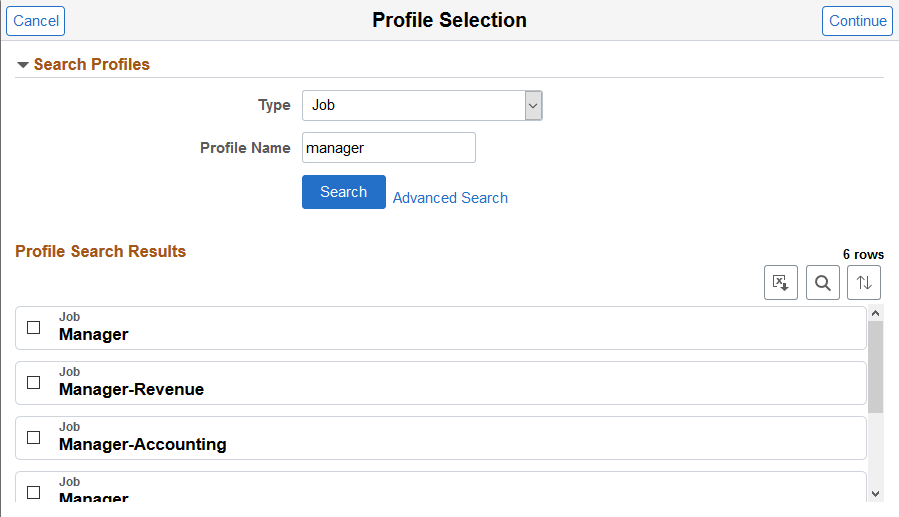 Profile Selection page