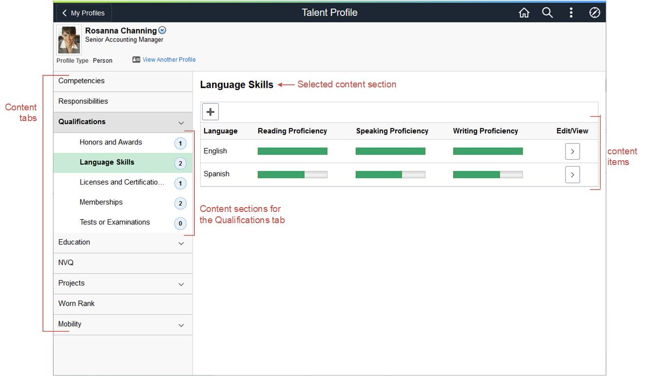 (Fluid) Example of the person profile and its structure using the fluid user interface