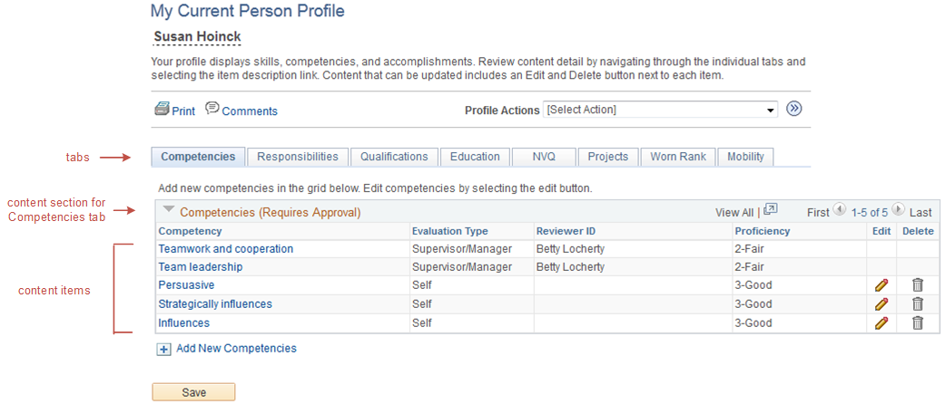 (Classic) Example of the person profile and its structure using the classic user interface