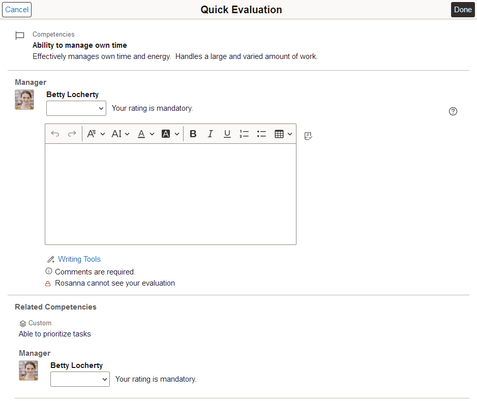 Quick Evaluation page