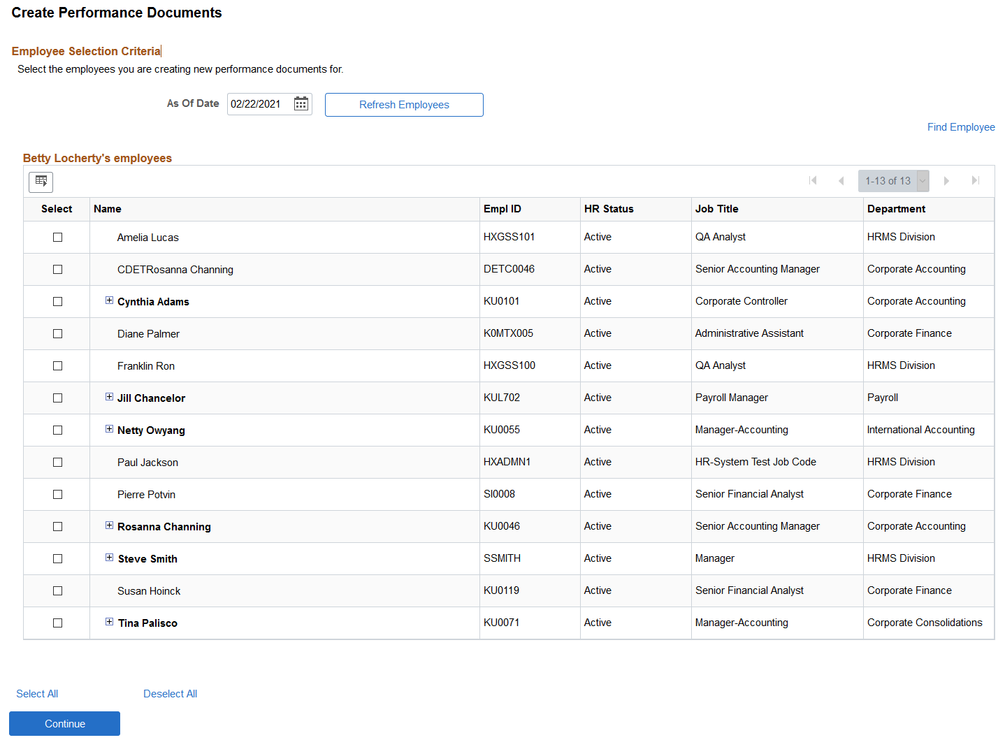 <>Create <Performance or Development> Documents - Employee Selection Criteria page