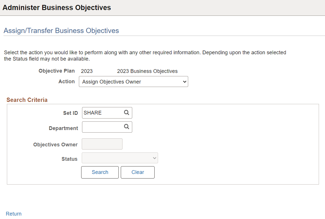 Assign/Transfer Business Objectives page