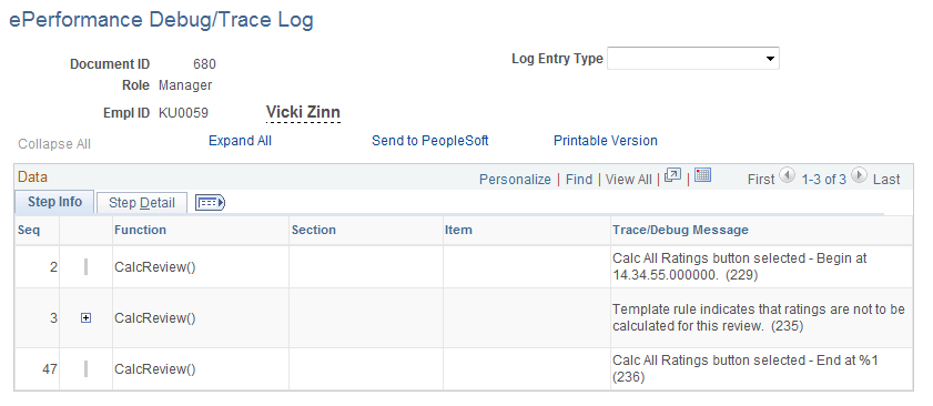 ePerformance Debug/Trace Log page