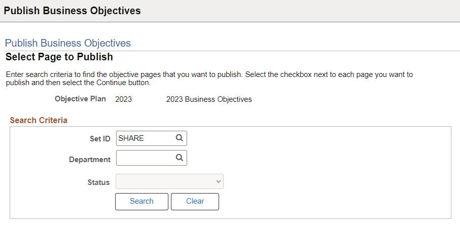 Publish Business Objectives - Select Page to Publish page