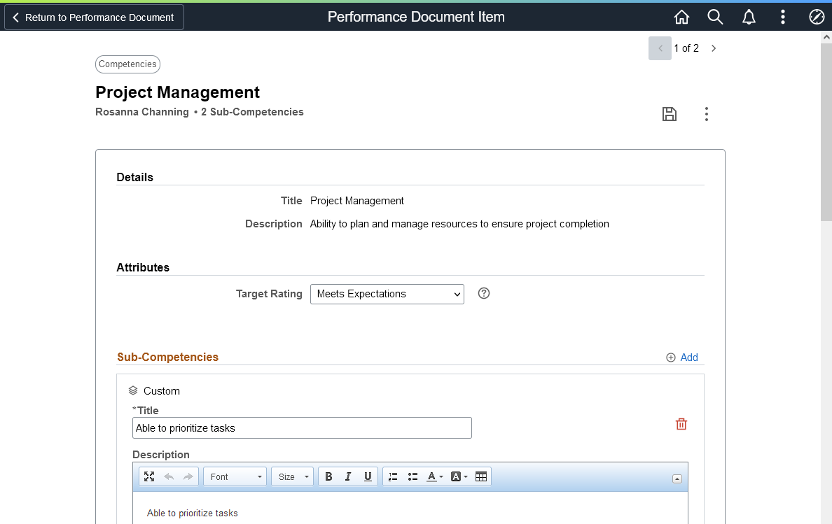 Performance Document Item page (1 of 3)