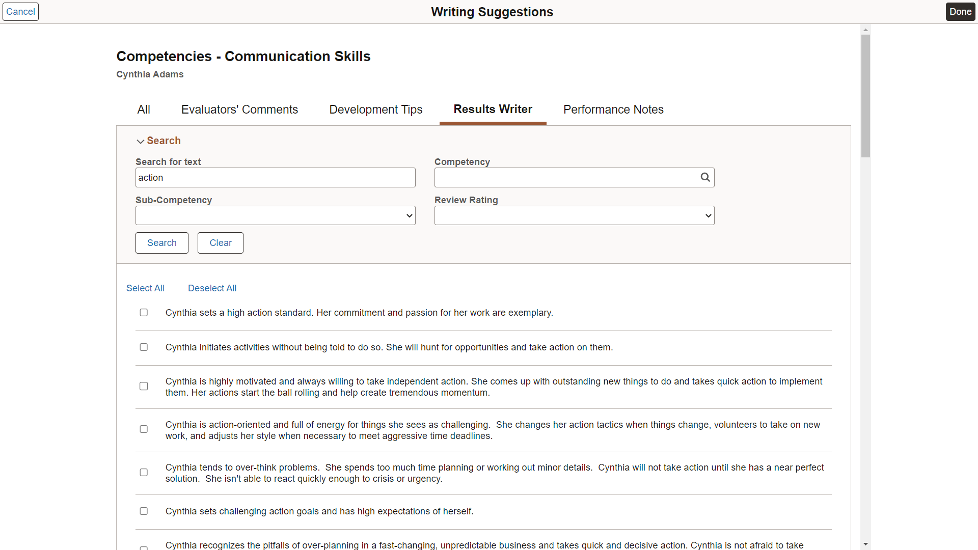 Writing Suggestions - Results Writer page