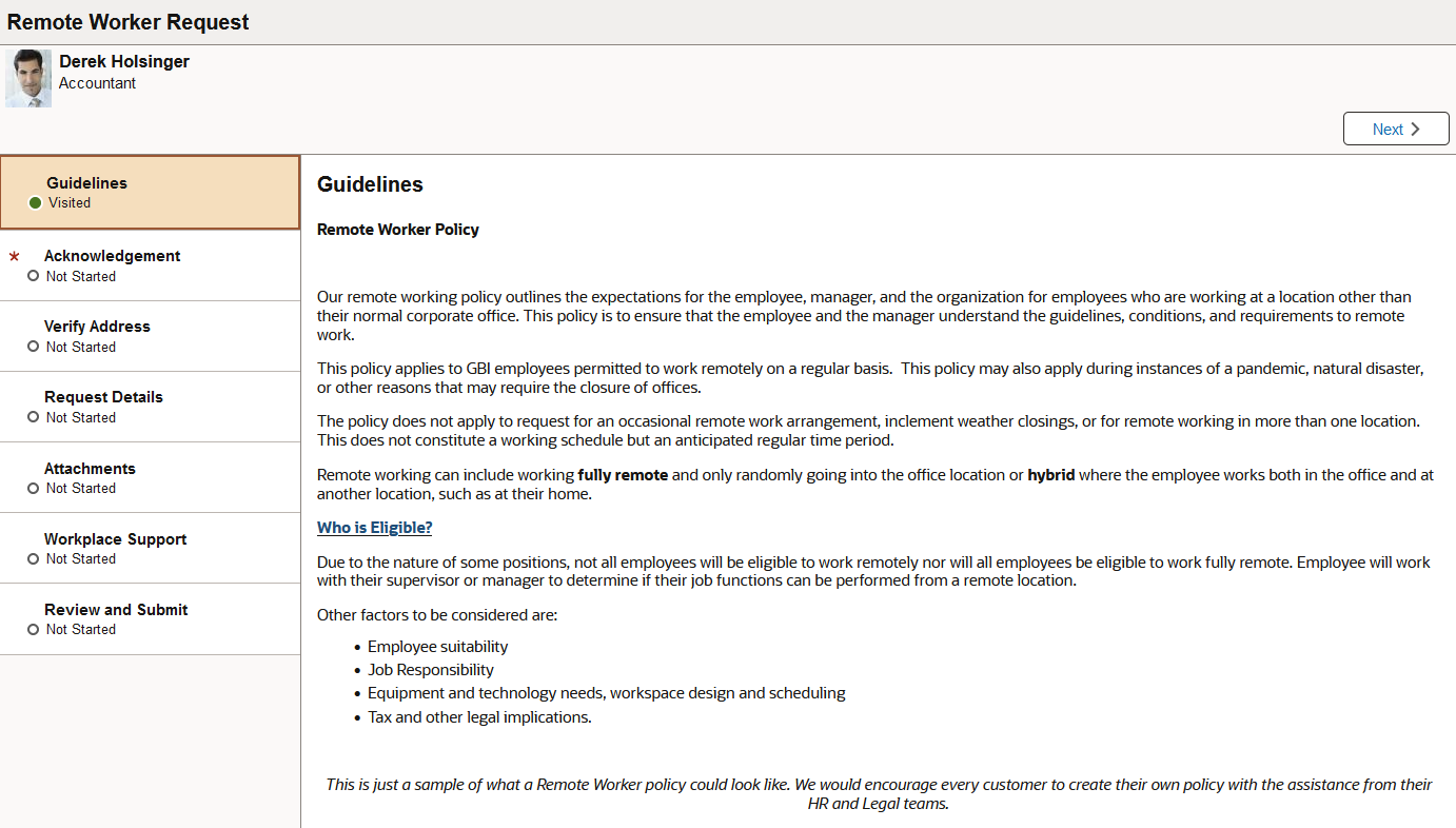 (Employee view) Remote Worker activity guide layout for an employee