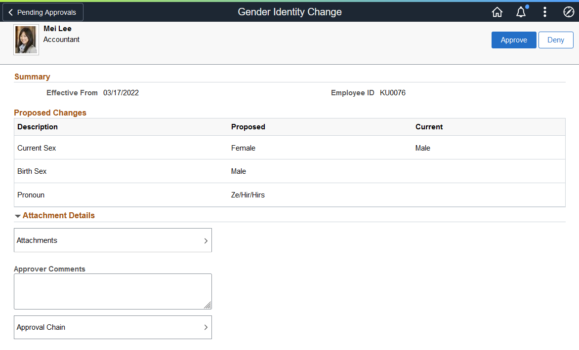 Pending Approvals - Gender Identity Change Page