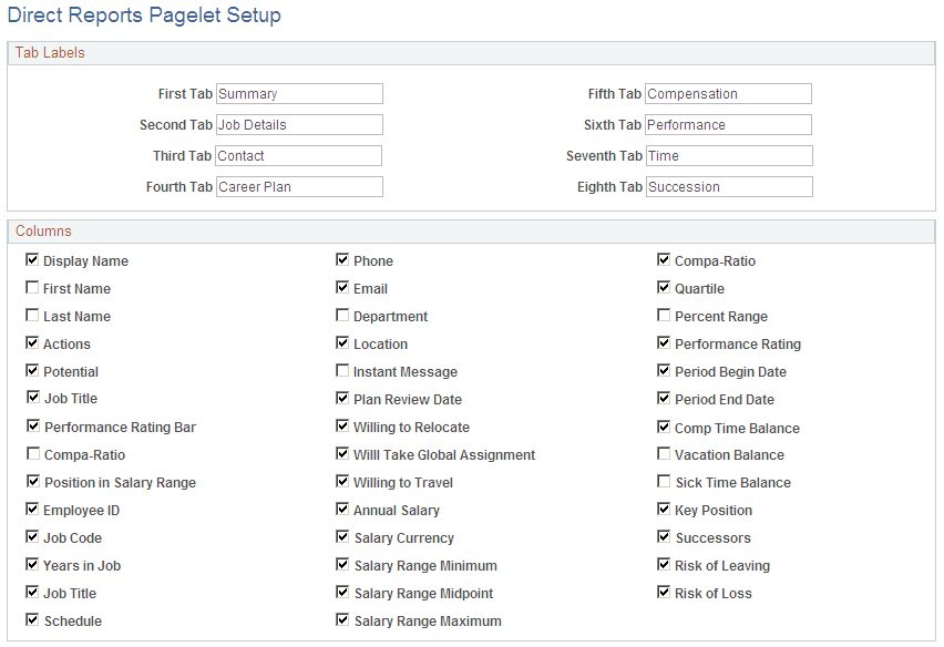 Direct Reports Pagelet Setup page (1 of 2)