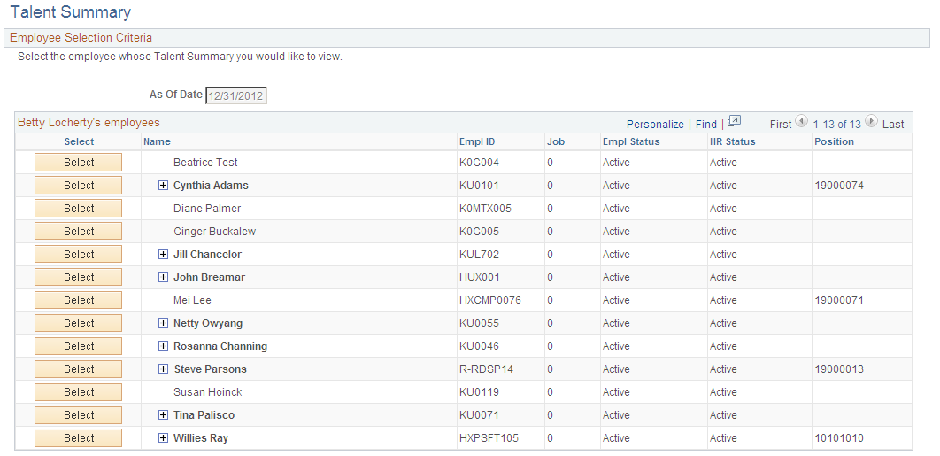 Talent Summary - Employee Selection Criteria page