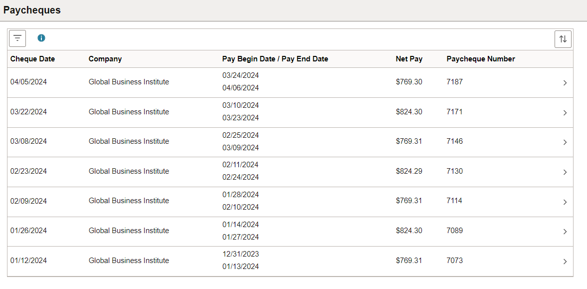 (Tablet) Paycheques page