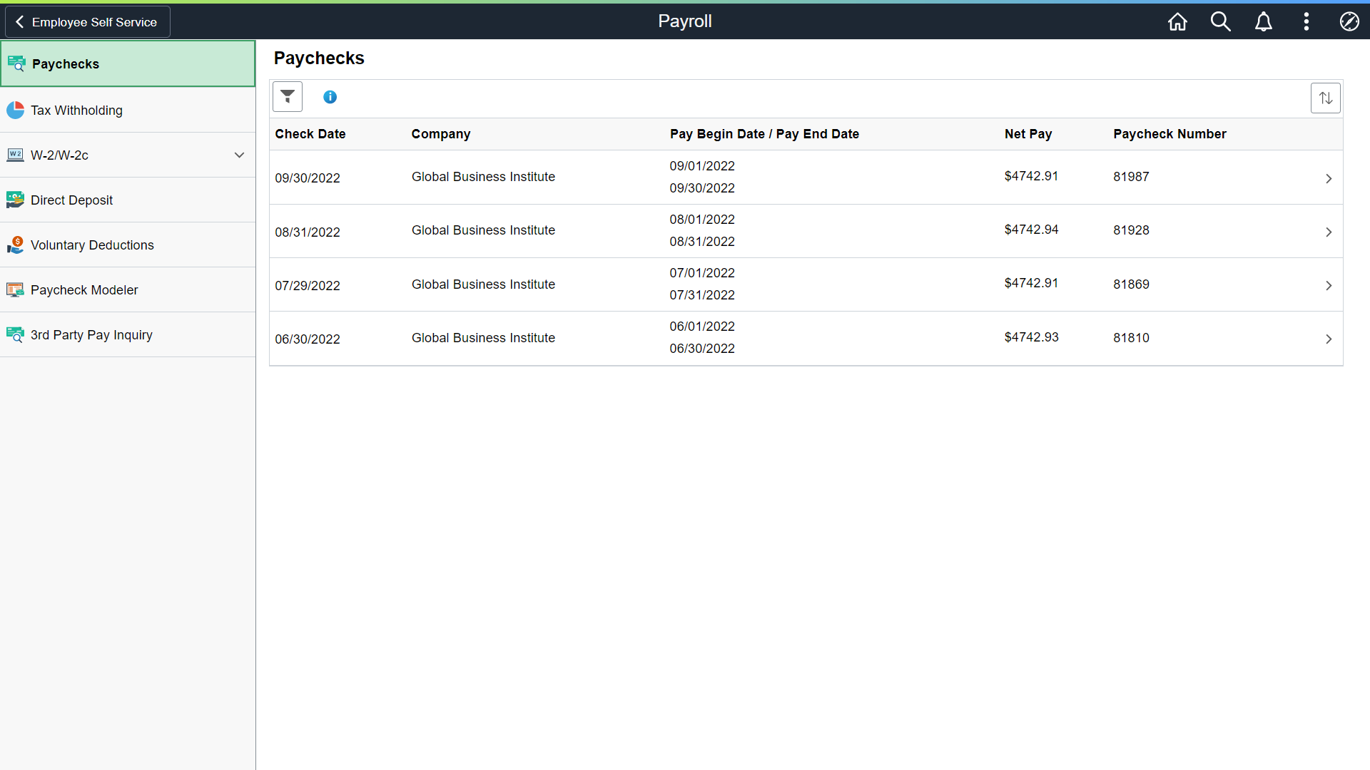 (USA) Payroll start page with fluid navigation collection in the left panel