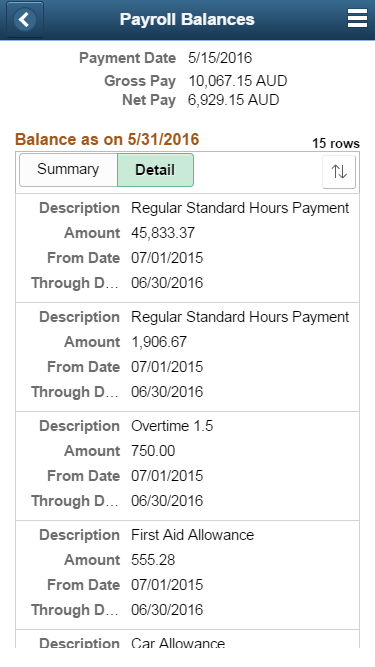 (Smartphone) Payroll Balances page: Detail tab