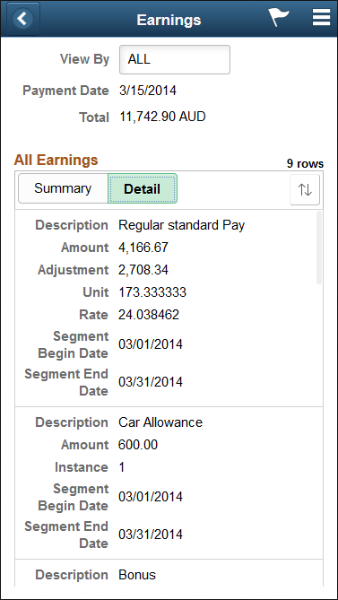 (Smartphone) Earnings page: Detail tab