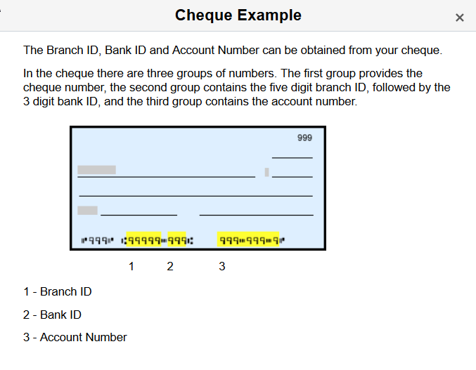 Sample cheque with Bank ID format