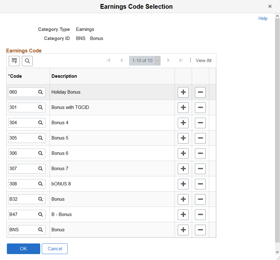 <><Earnings or Deduction> Code Selection page
