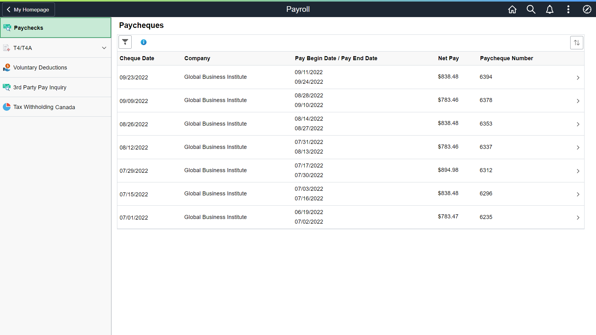 (CAN) Payroll start page with fluid navigation collection in the left panel
