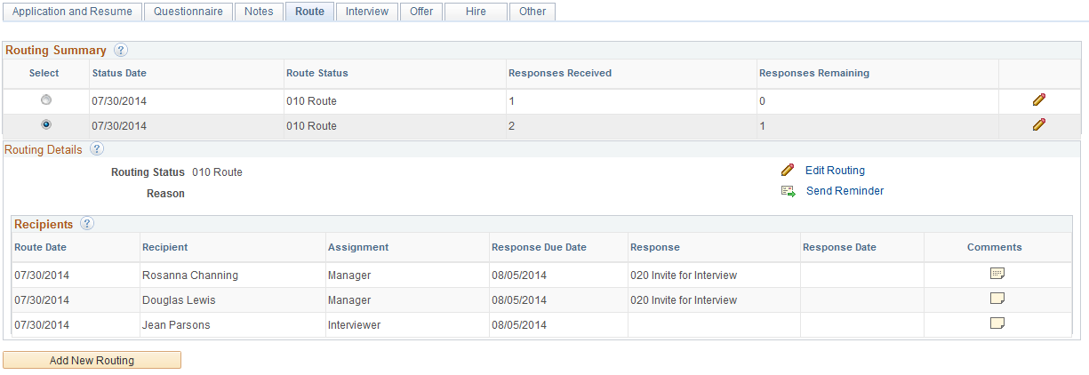 Manage Application page: Route tab