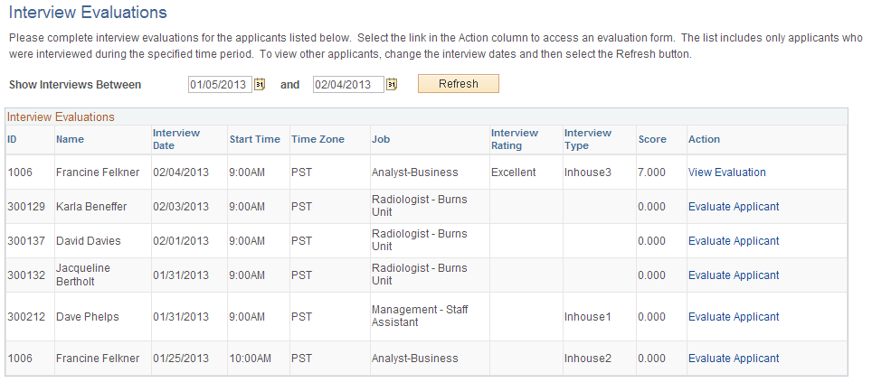 Interview Evaluations (list) page