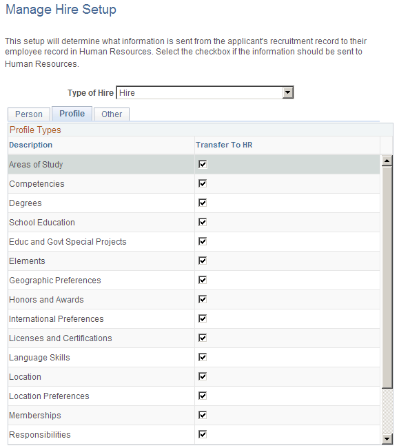 Manage Hire Setup page: Profile tab