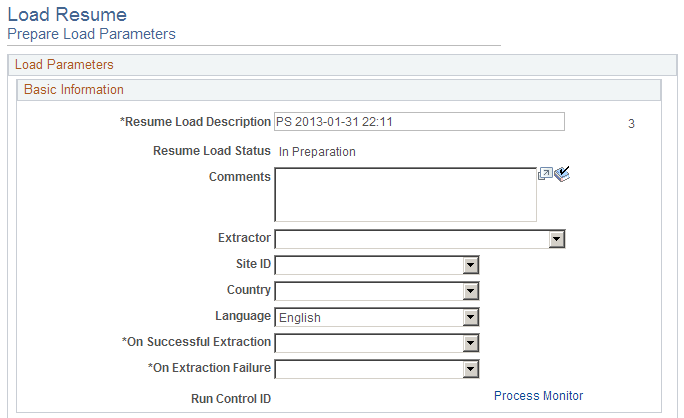 Load Resume - Prepare Load Parameters page (1 of 2)