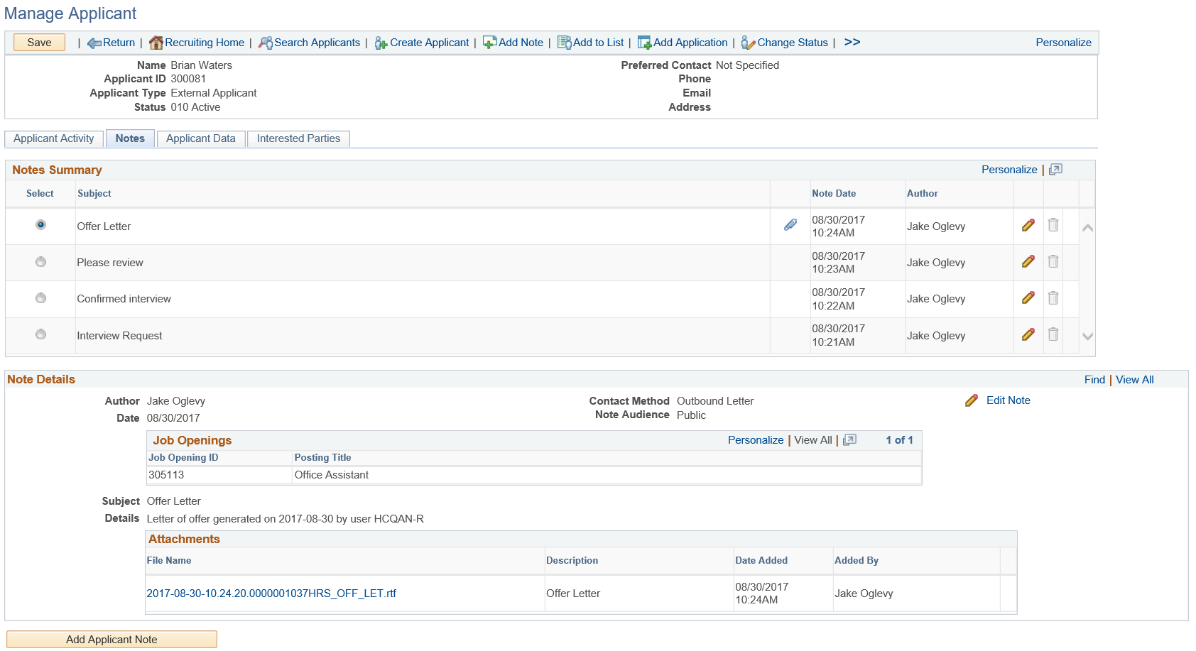 Manage Applicant page: Notes tab