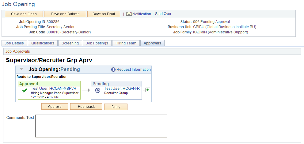 Job Opening page: Approvals tab