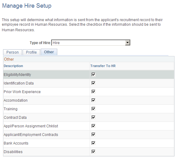 Manage Hire Setup page: Other tab