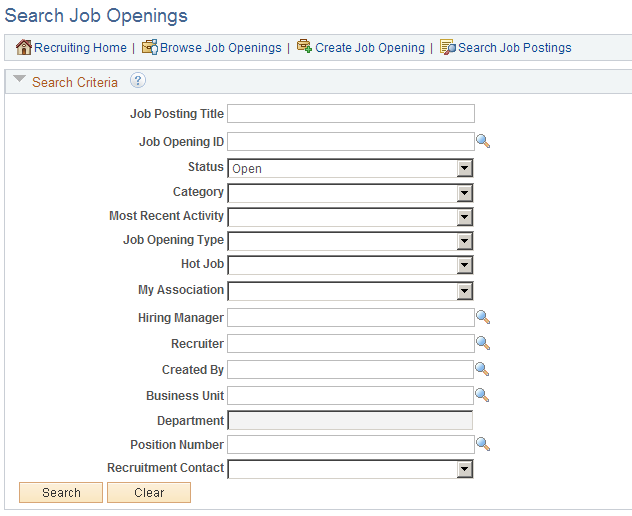 Search Job Openings page before performing a search