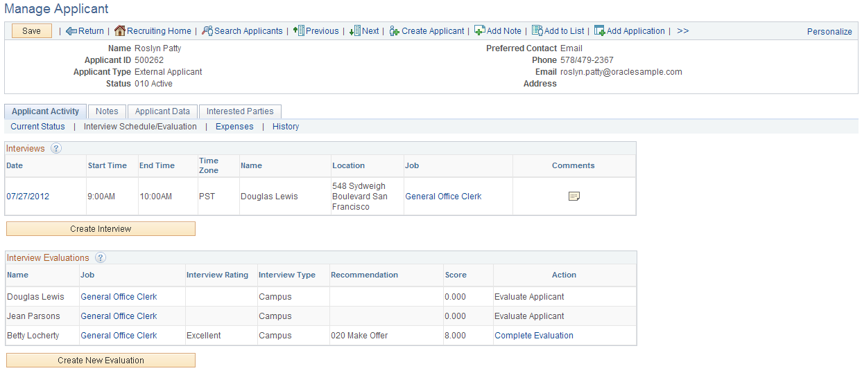 Manage Applicant page: Applicant Activity tab: Interview Schedule/Evaluation section