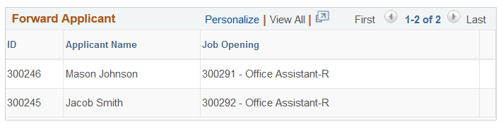 Forward Applicant grid with the Job Opening column