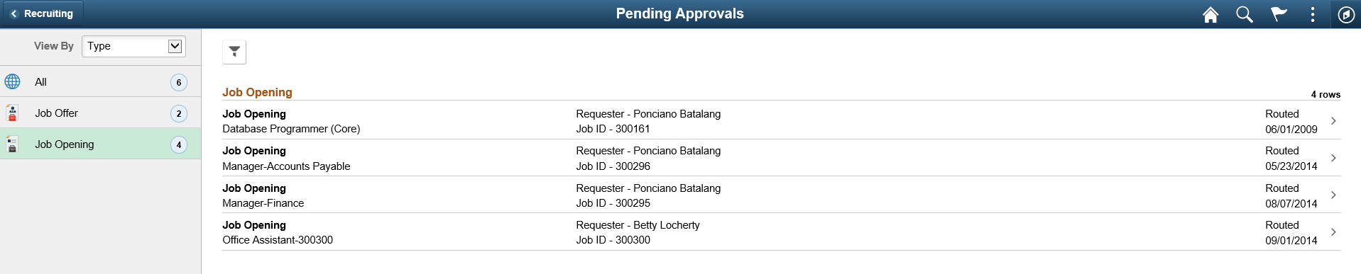 Pending Approvals - Job Opening category