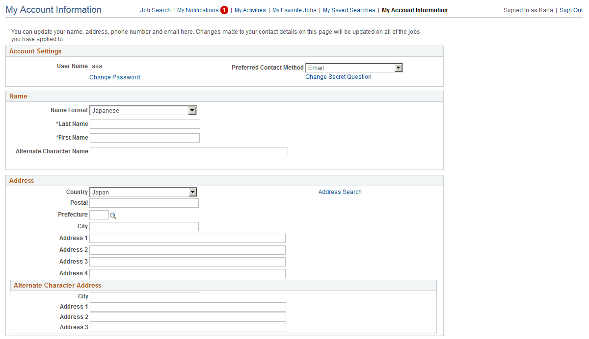 My Account Information page with alternate character fields