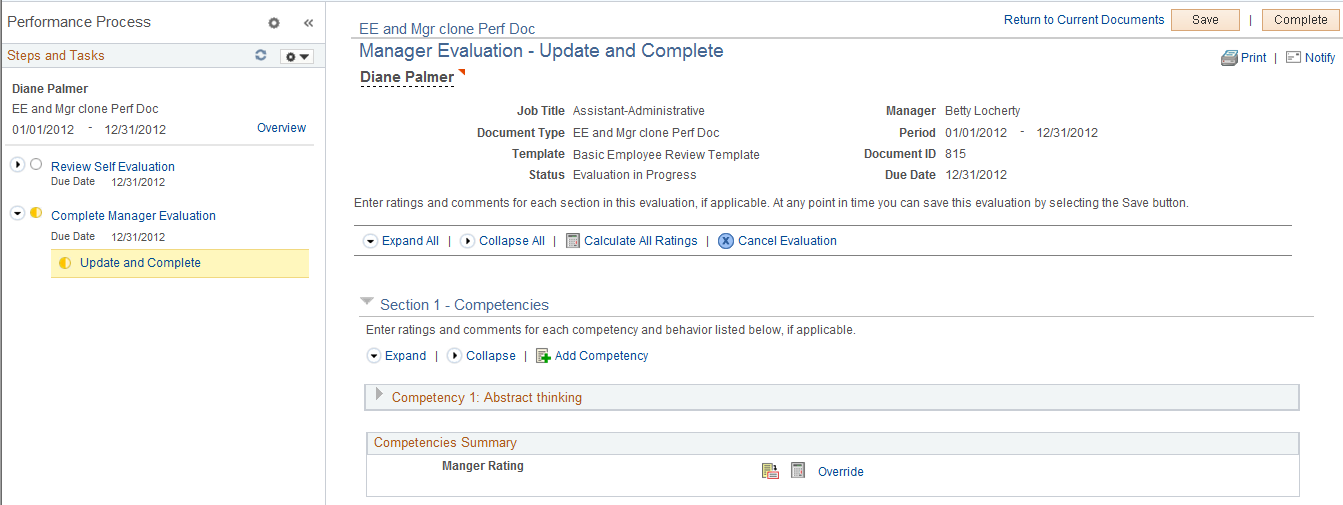 Manager Evaluation page (1 of 2) (manage employee reviews business process)