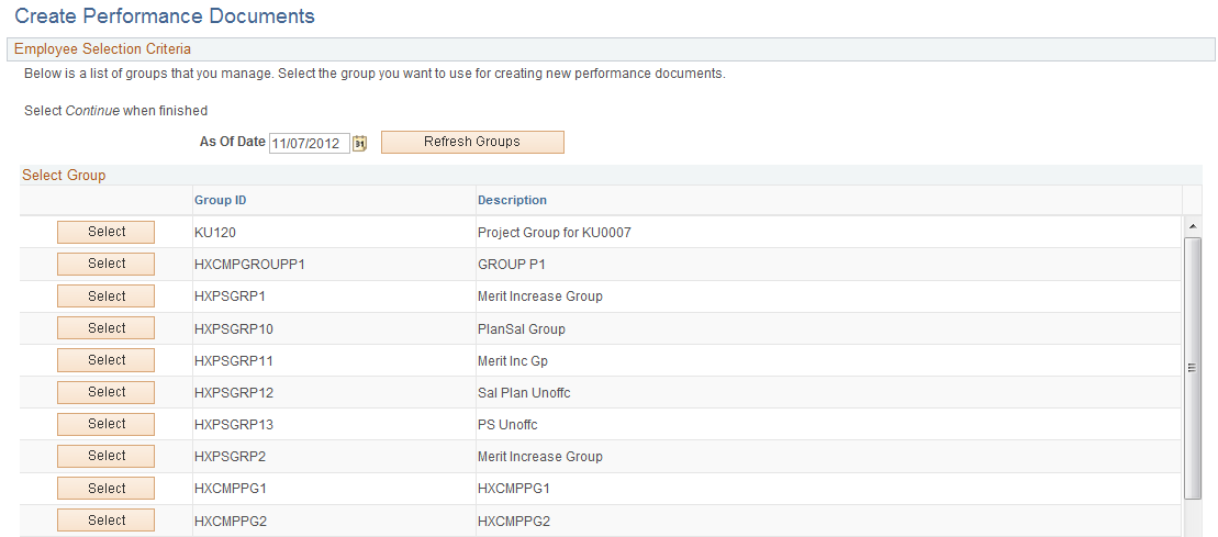 Create Performance Documents - Select Group page