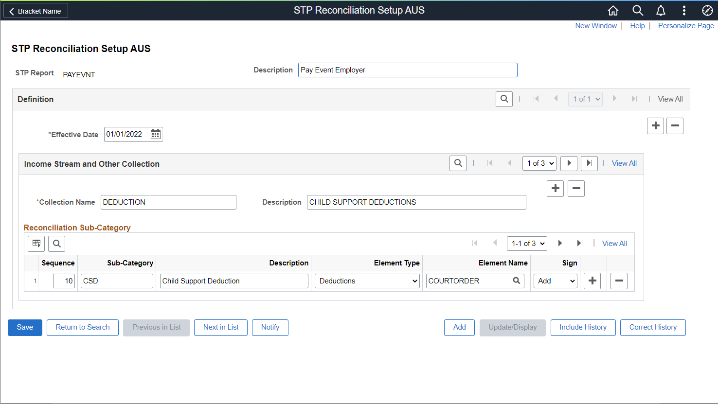 STP Reconciliation Setup AUS page