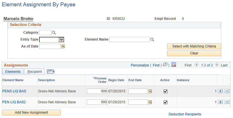 Select Alimony elements for employee on the Element Assignment By Payee page