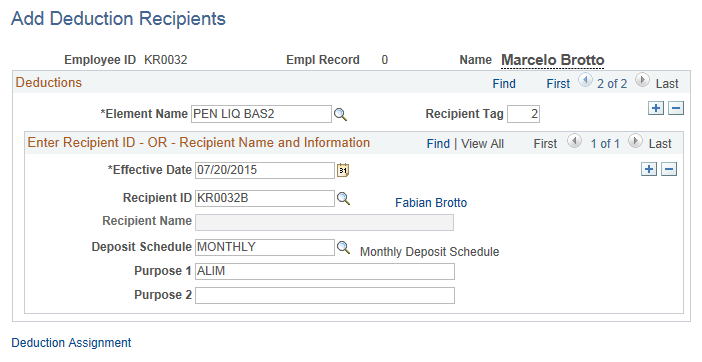 Associate deduction element with deduction recipient of the second child on the Add Deduction Recipients page