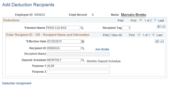 Associate deduction element with deduction recipient of the first child on the Add Deduction Recipients page