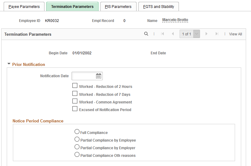 Termination Parameters page (1 of 2)