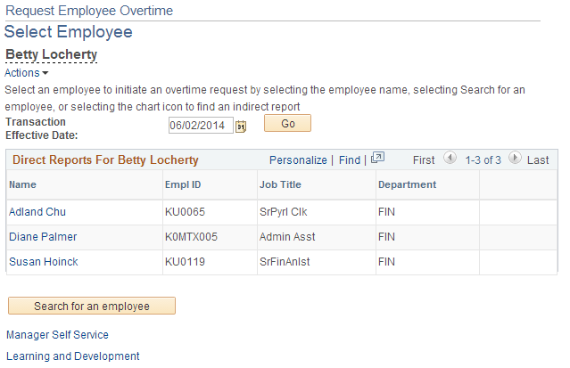 Request Employee Overtime - Select Employee page