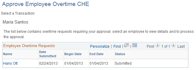 Approve Employee Overtime - Select a Transaction page